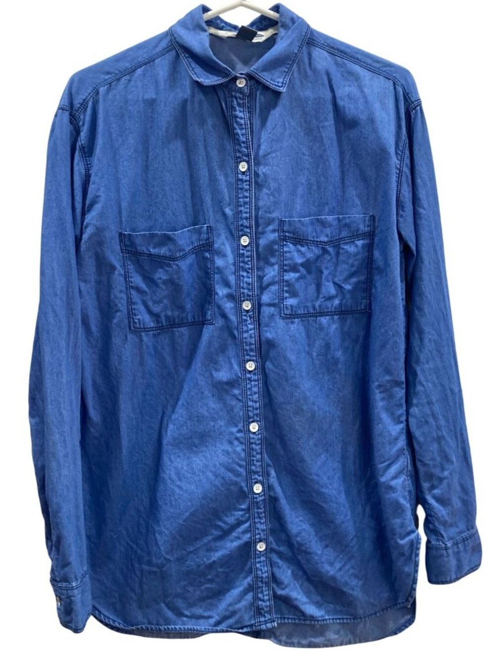 Old Navy Boyfriend Shirt S Tall Blue Chambray Button Down Casual Oversize Preppy